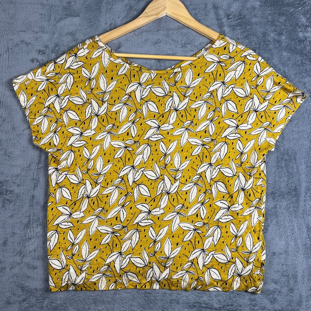 Rachel Zoe Top Women XL Yellow White Tropical Leaf Print Linen Button Back Beach